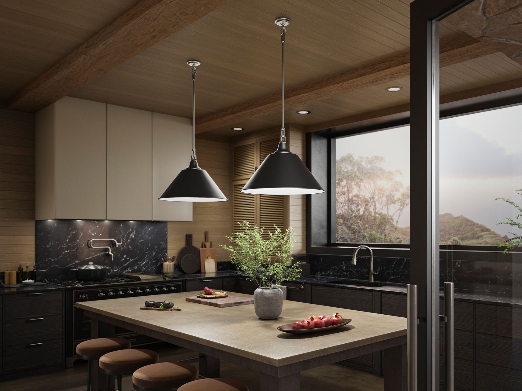 Modern dark-toned kitchen with black cabinetry, stone backsplash, pendant lights, and mountain view through large windows.