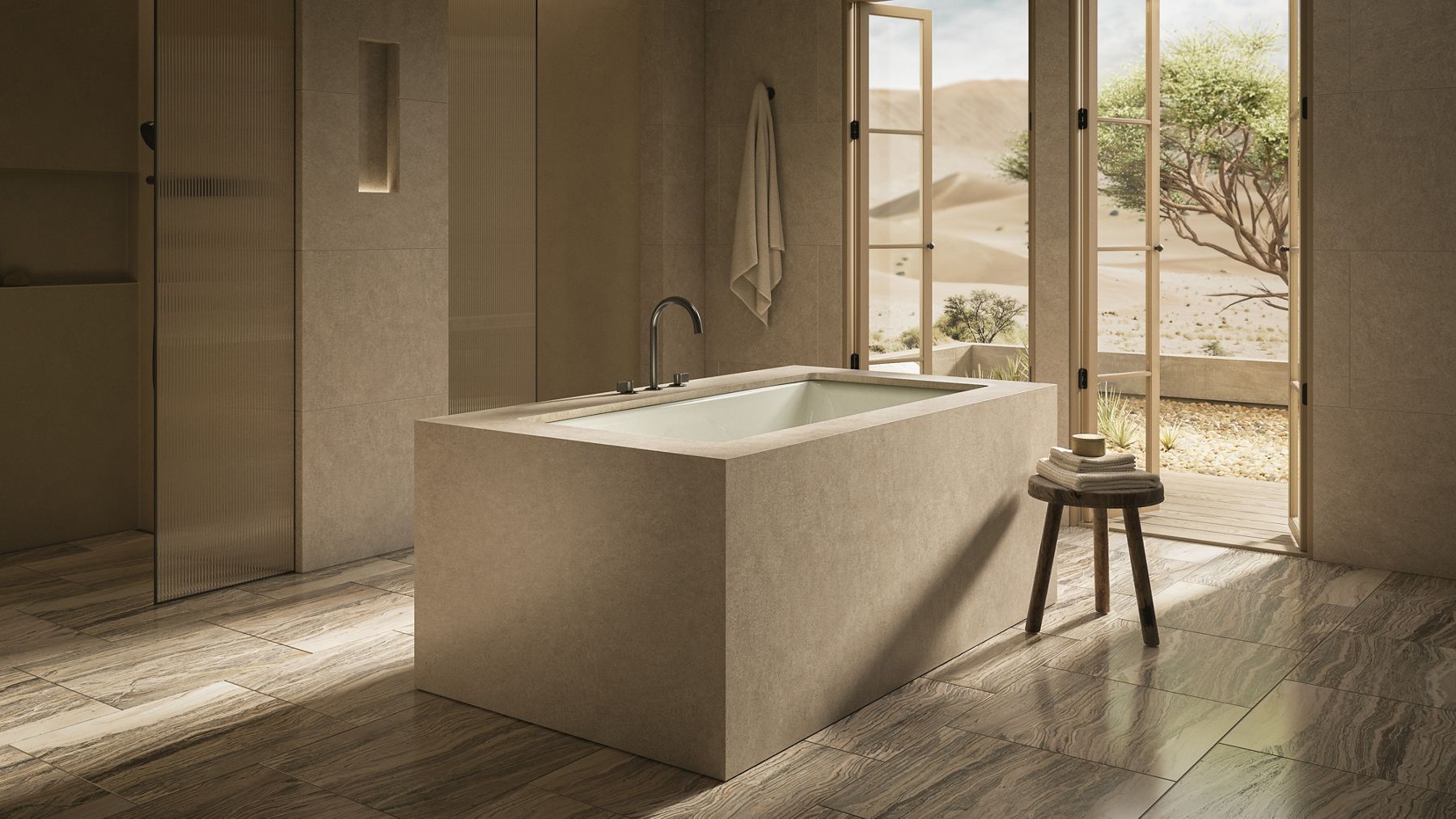 Modern, neutral-toned bathroom featuring a freestanding rectangular tub and a wooden stool.