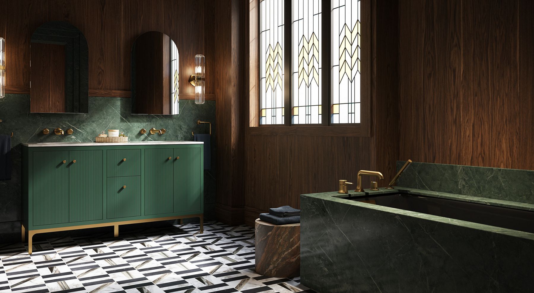 Pair of arched mirrors with brass sconces mounted above a ribbed green vanity and marble bathtub.