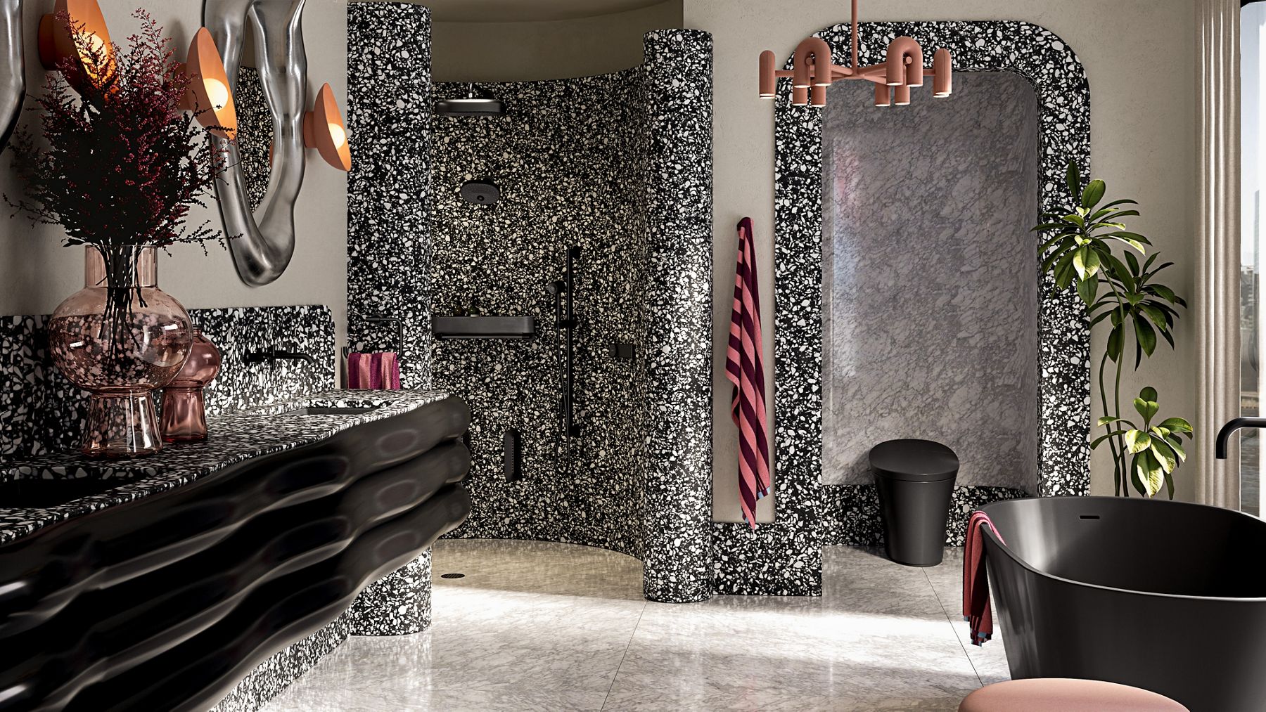 A bold bathroom escape designed by Cara Woodhouse, featuring a matte black freestanding bath.