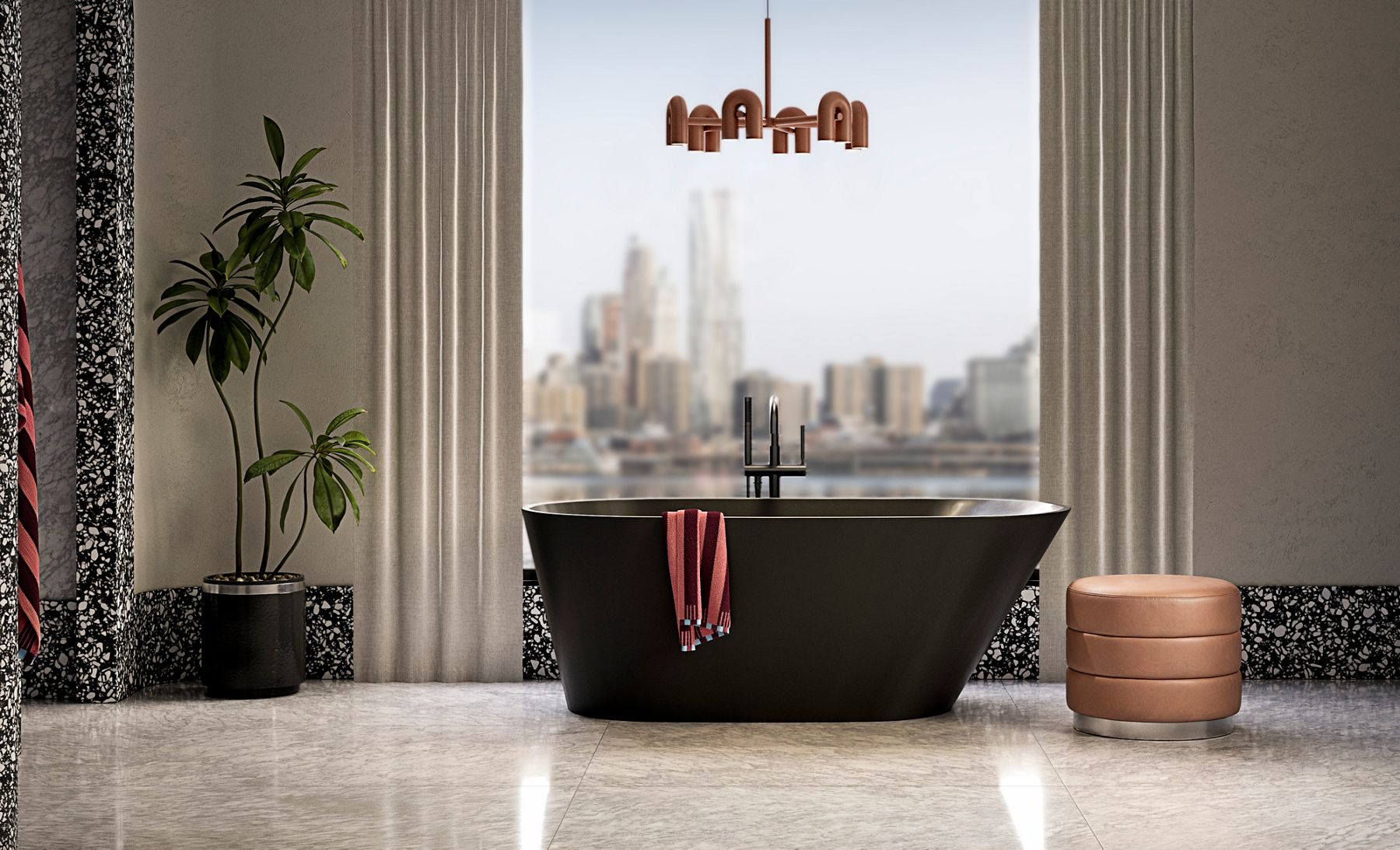 Sophisticated bathroom designed by Laura Hodges, featuring a freestanding bath with gold finishes.