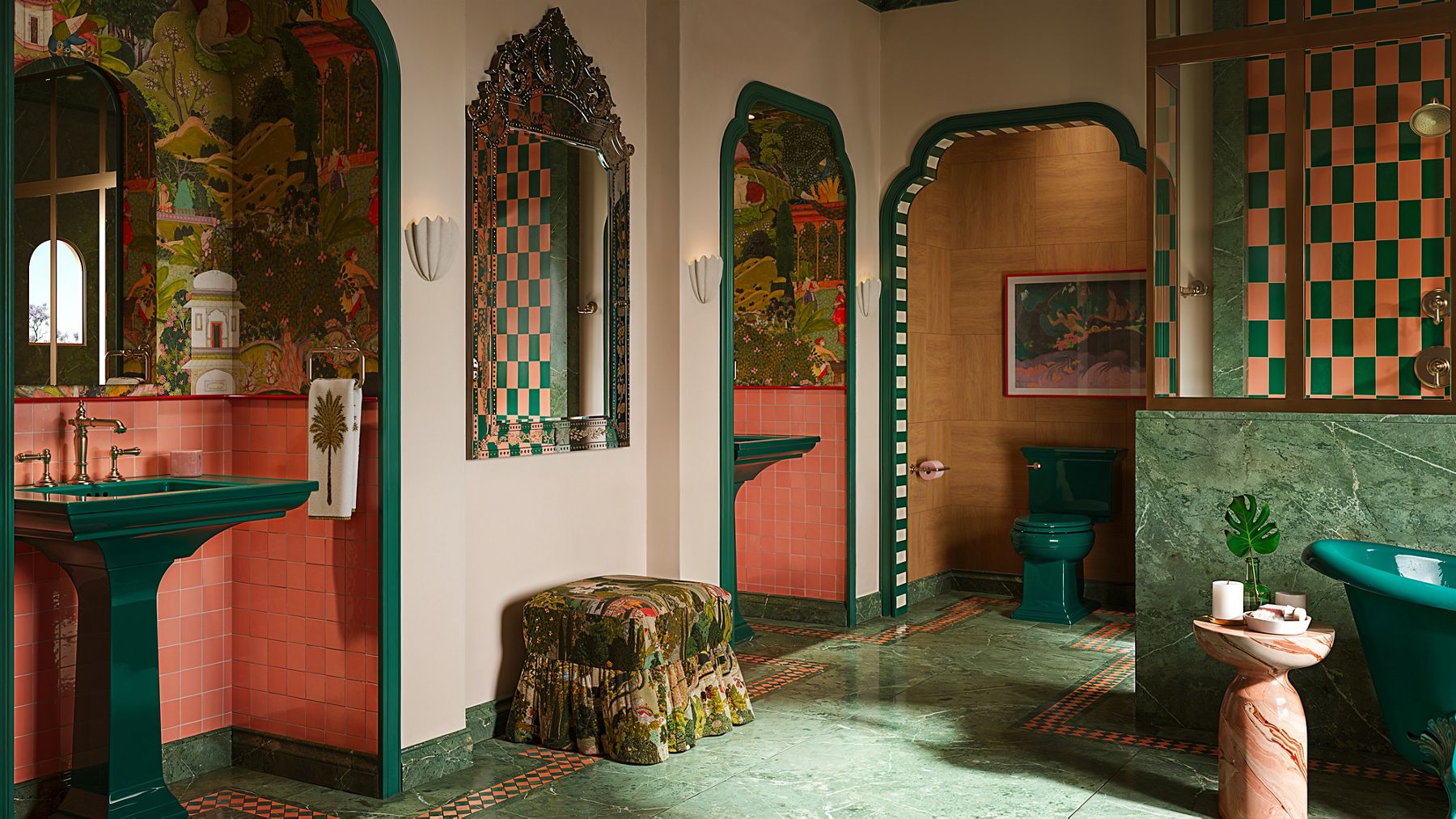 Elegant bathroom inspired by Kohler heritage design by Jaime Rummefield, featuring a teal sink, toilet, and freestanding bath.