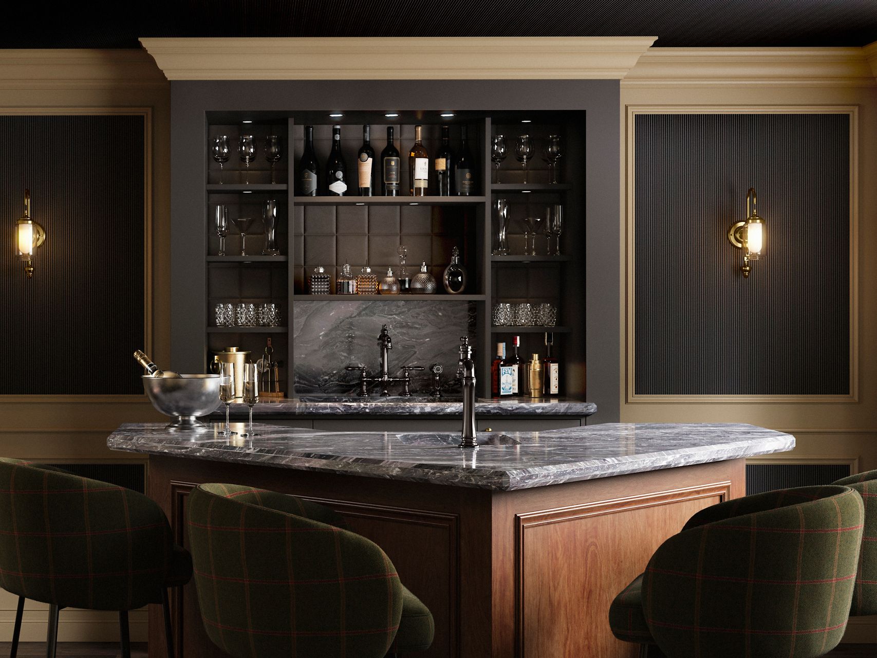 A masculine home bar designed by Javier Burkle, featuring a gray stone counter and KOHLER Vibrant Titanium faucets.
