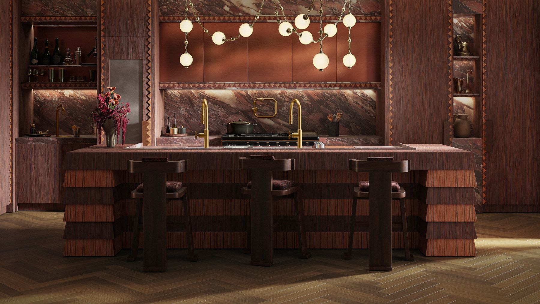 Statement kitchen in warm hues by design duo MONIOMI, layering marble and wood detailing.