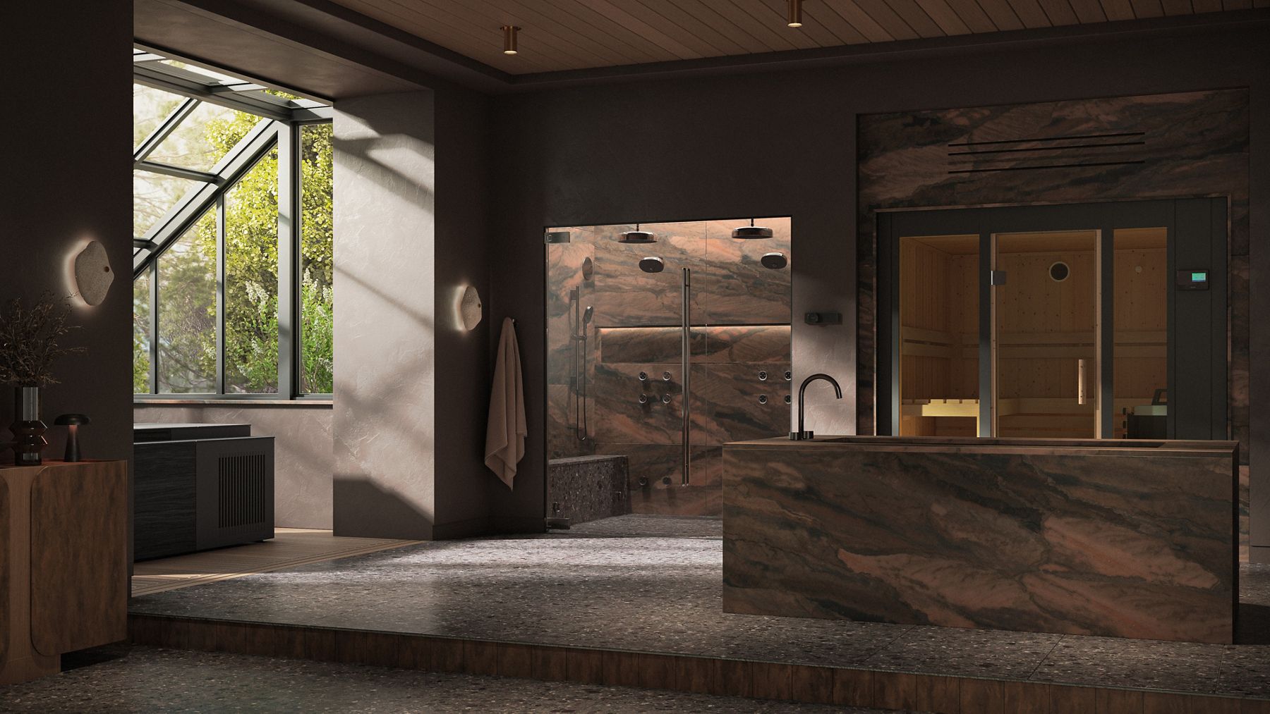Luxurious wellness oasis designed by Jaimee Rose, featuring moody earth tones, a steam shower, sauna, and bath.