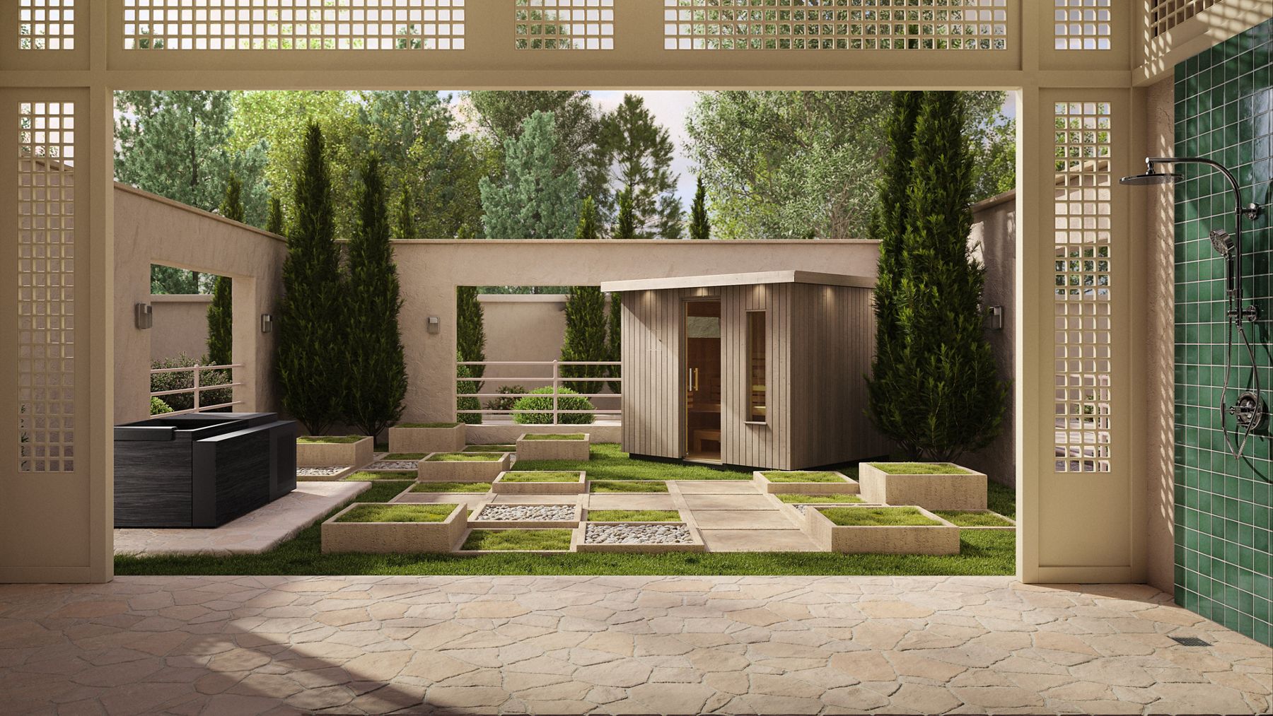 Wellness retreat in a garden designed by Michael Hilal, featuring a tiled outdoor shower, sauna, and cold plunge.