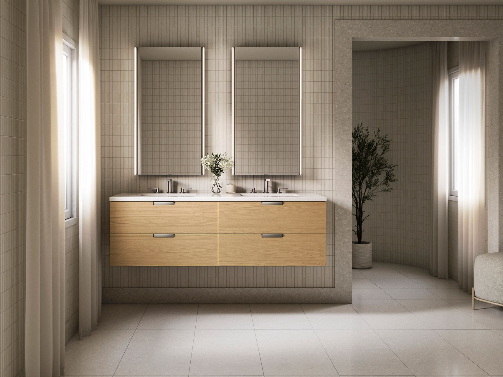Modern bathroom setup with a wooden double vanity featuring two sinks and mirrors.