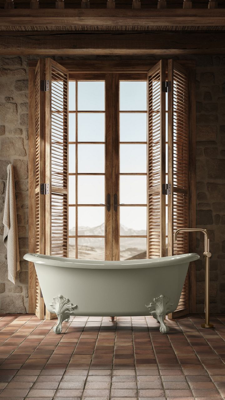 Freestanding clawfoot bathtub in white placed in front of wooden shuttered windows with scenic outdoor view.