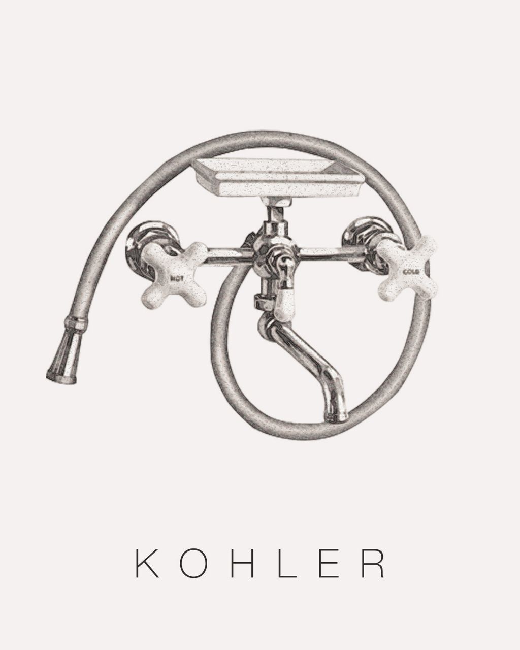 A historical black and white image of a bath filler with an attached hose and a soap holder.