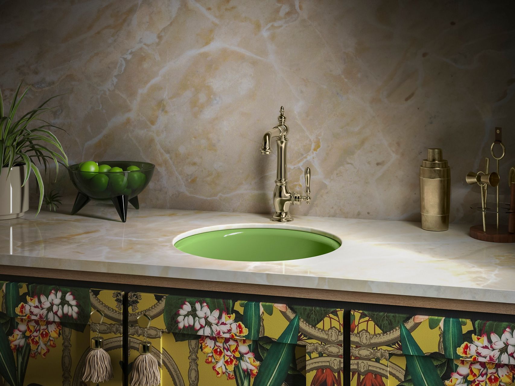 Round pale lime green sink with brass faucet on a beige marble countertop