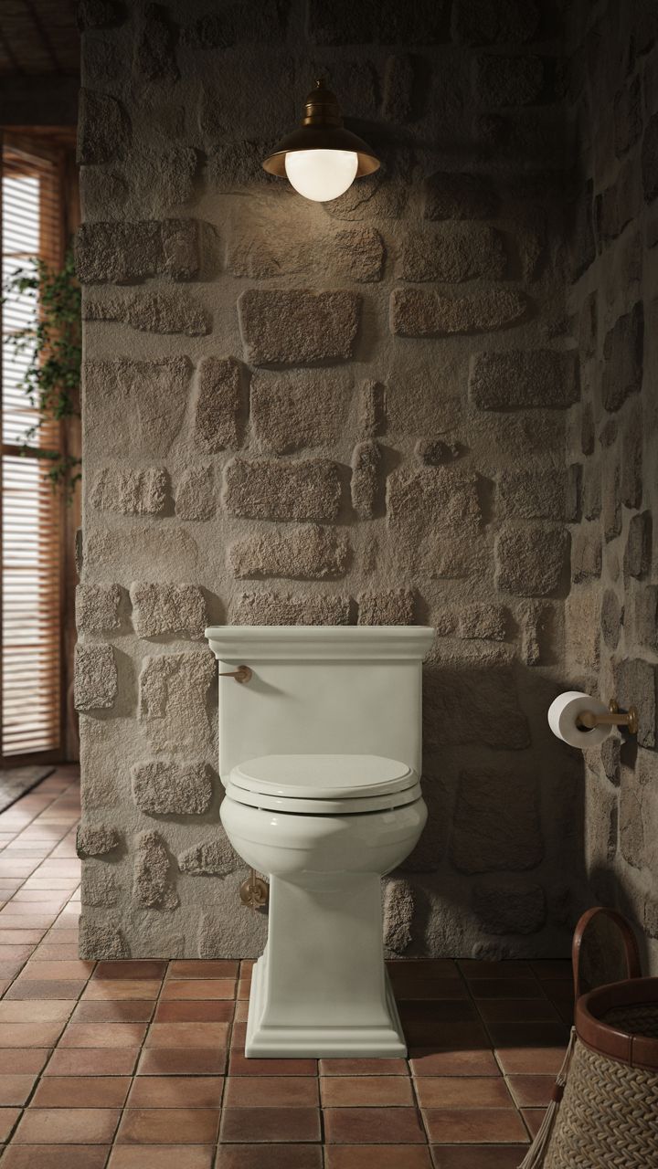 White toilet in a rustic bathroom with stone and wood accents