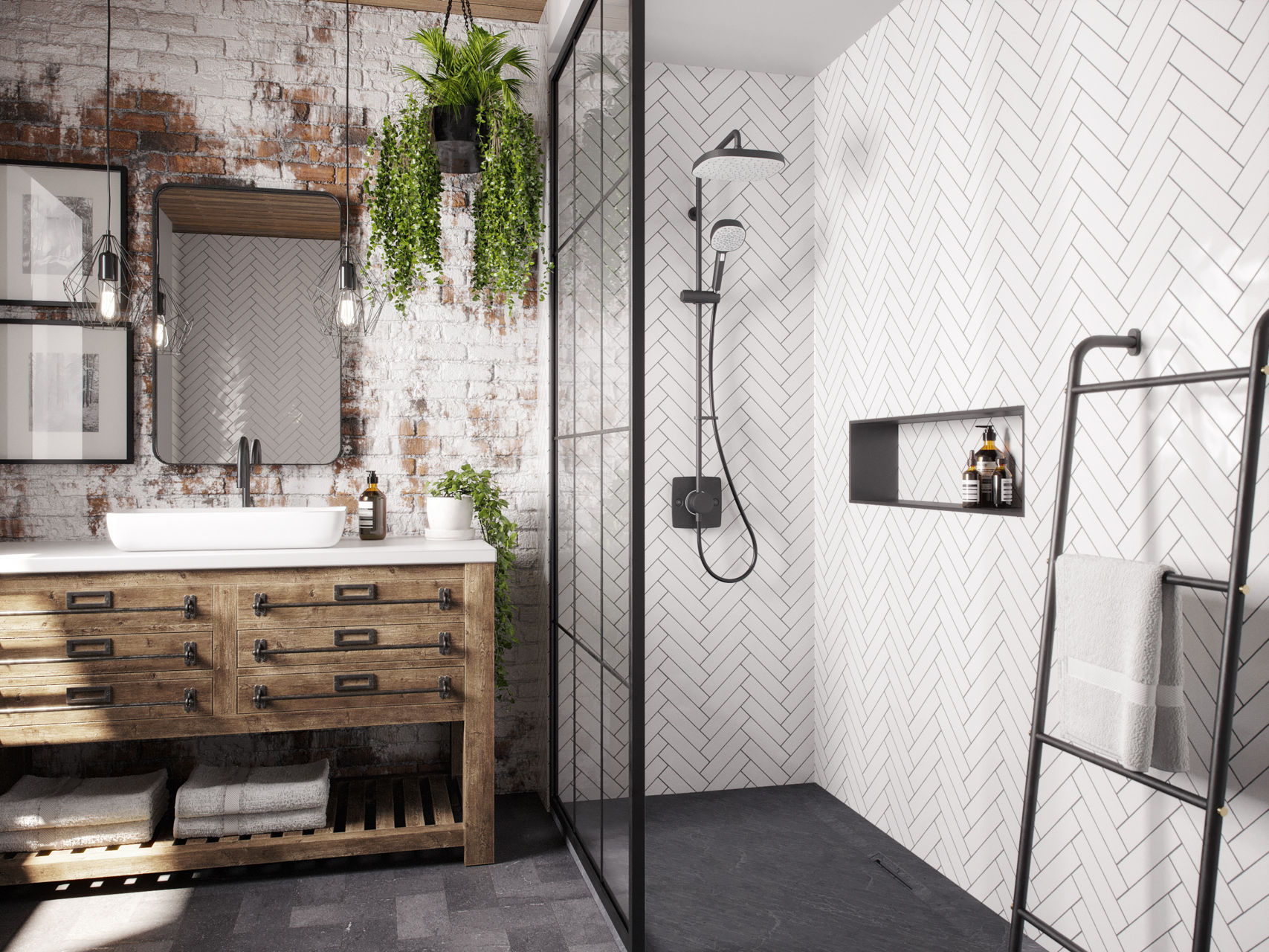 Black dual Opero shower behind black glass panel in white diagonal tiled bathroom.