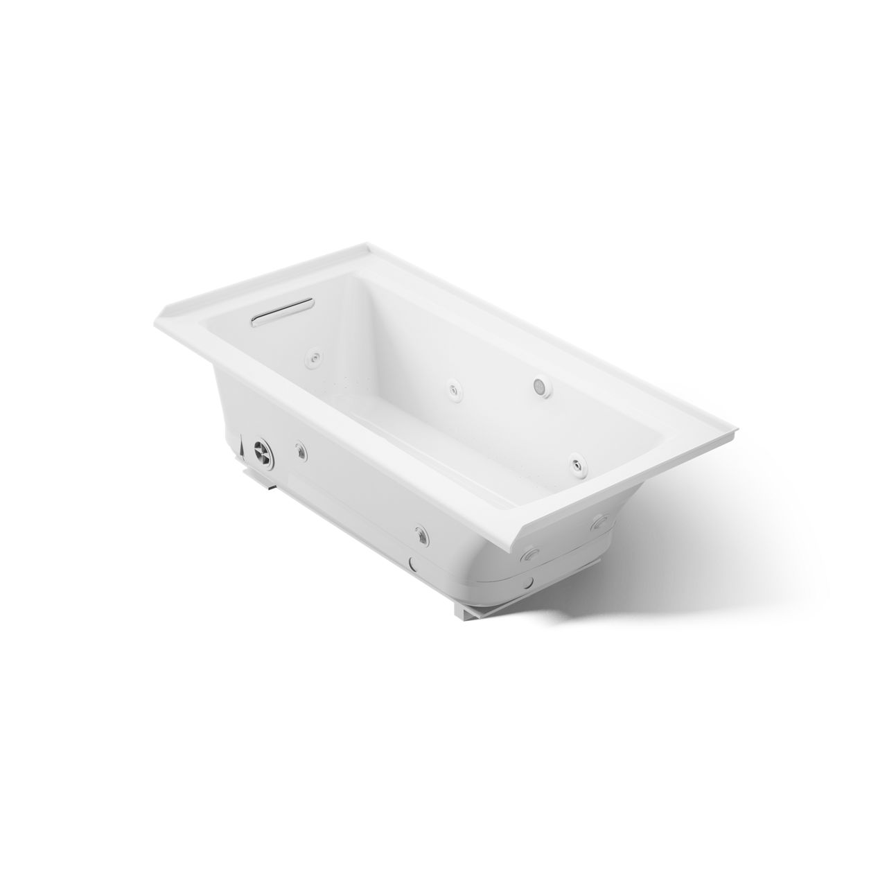 White rectangular alcove bathtub with integrated whirlpool jets and an overflow drain, shown in an angled isolated product view on a white background.