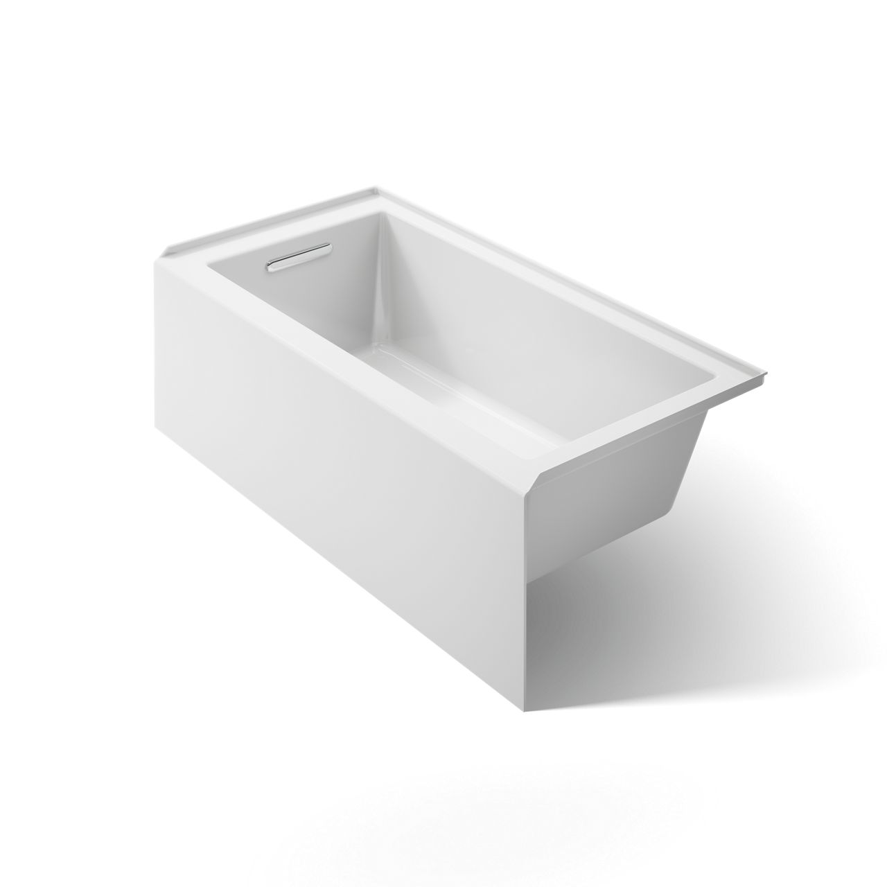 White rectangular alcove bathtub with a wide deck, integrated overflow, and drain, shown in an angled isolated product view on a white background.