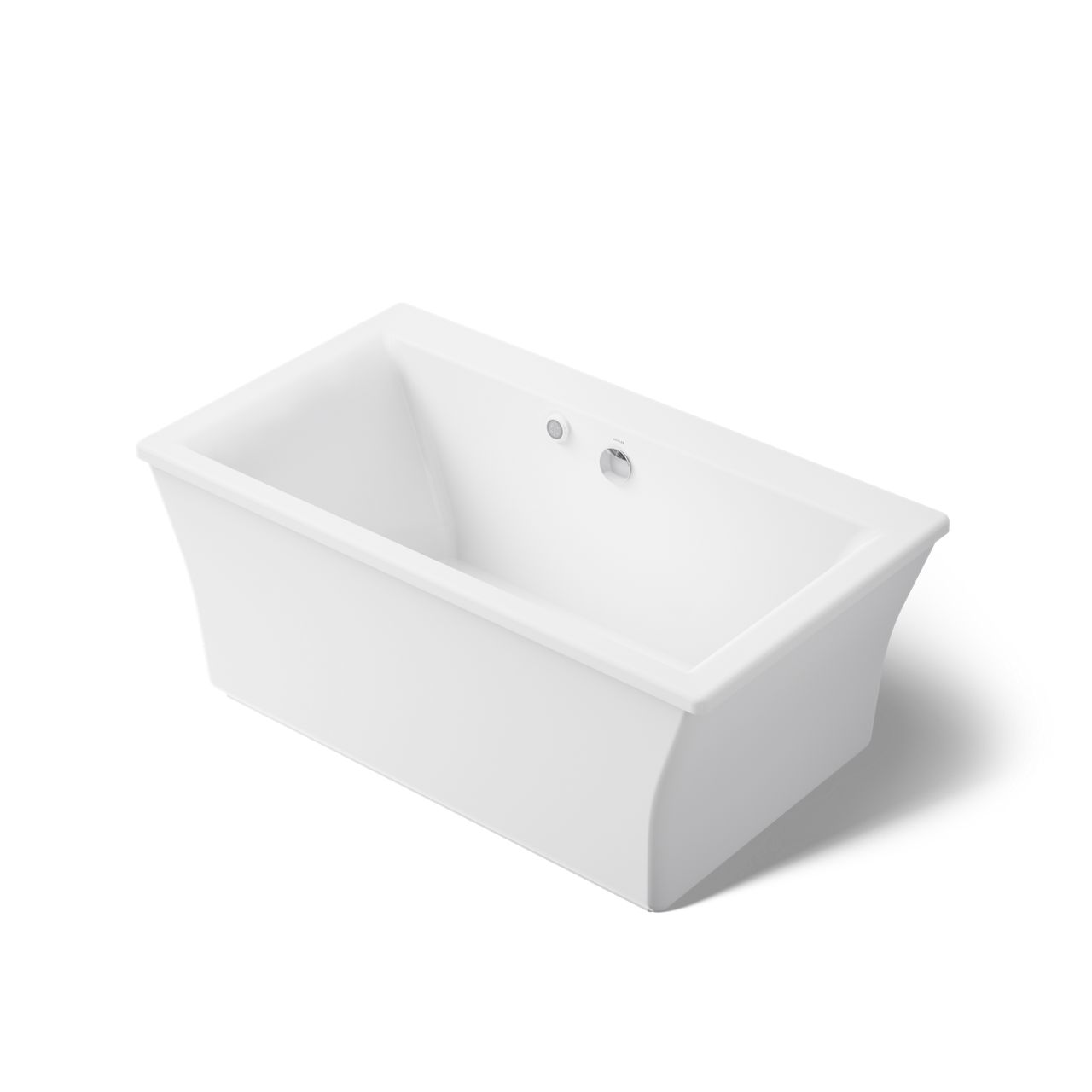 White rectangular alcove bathtub with a sloped backrest, integrated overflow, and drain, shown in an angled isolated product view on a white background.