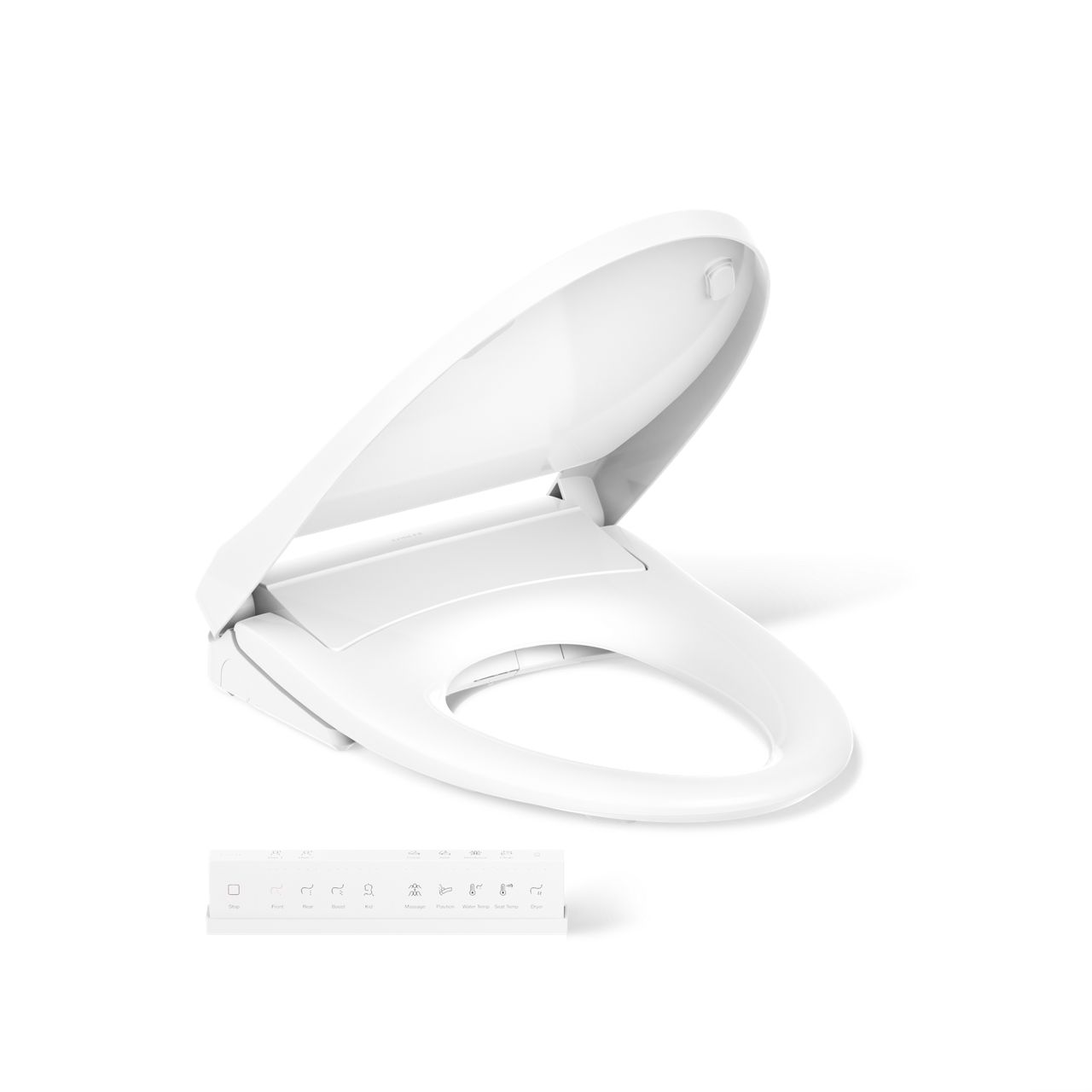 Open white bidet toilet seat with lid raised, showing a slim, modern design against a clean white background.
