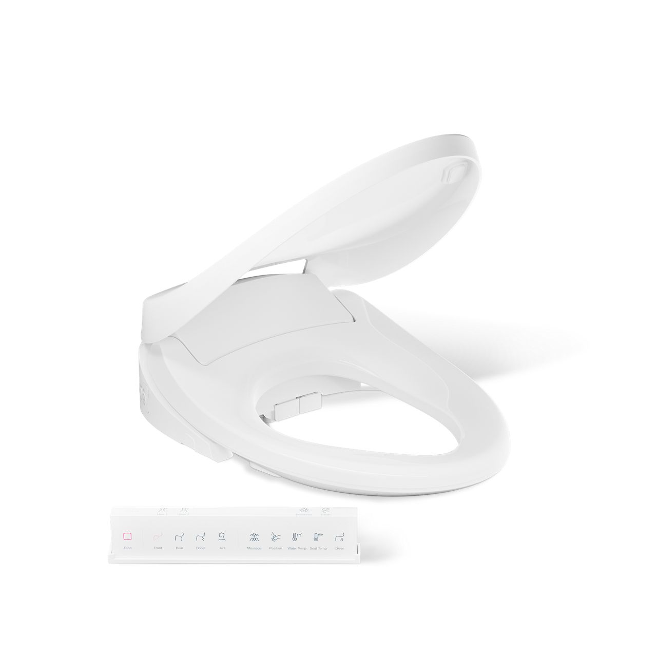 KOHLER PureWash E860 bidet seat with lid open, shown in white on a clean background