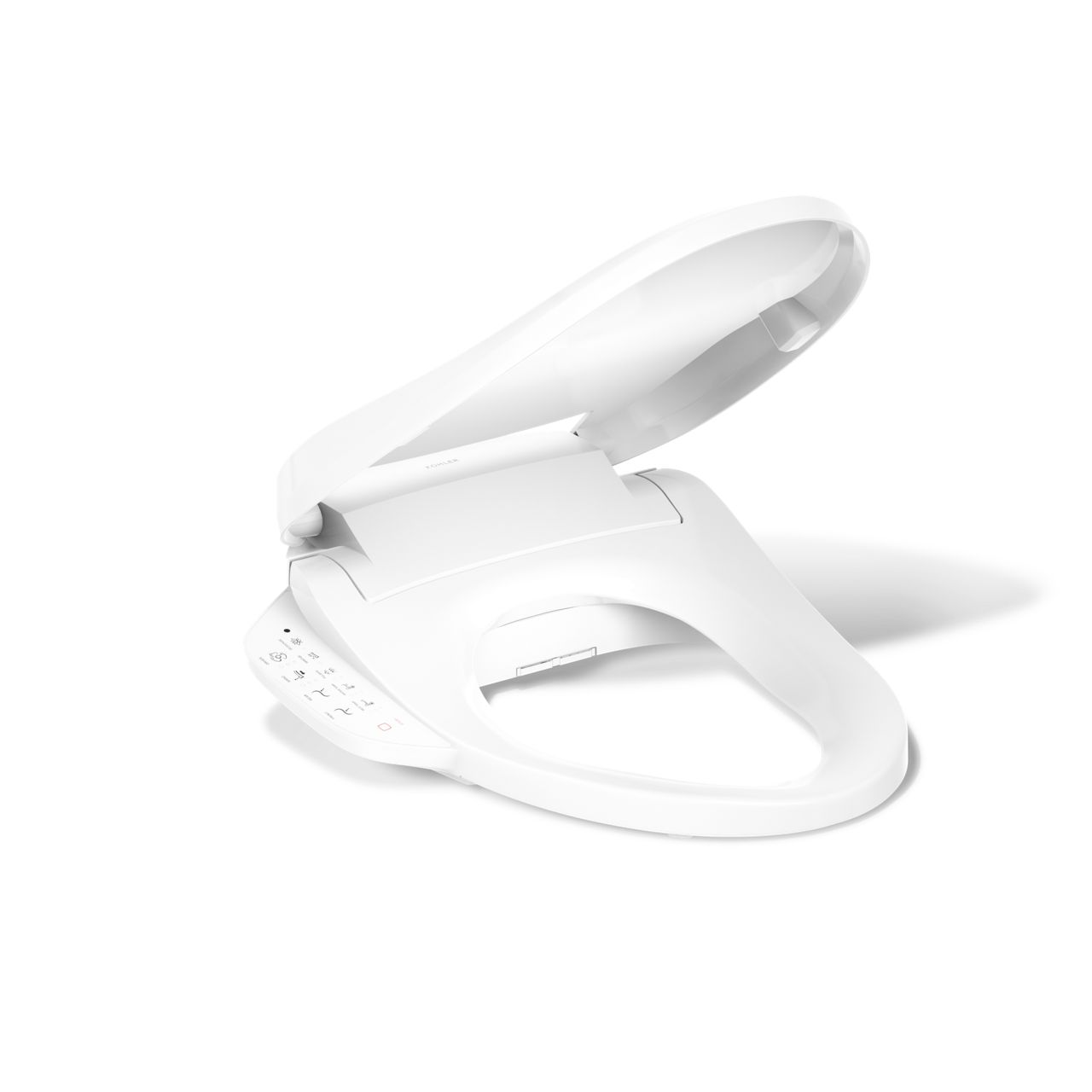 KOHLER PureWash E590 bidet seat with lid open, shown in white on a clean background
