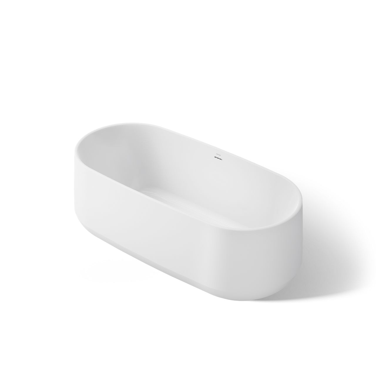 White freestanding oval bathtub with a seamless contemporary design, shown in an angled isolated product view on a white background.