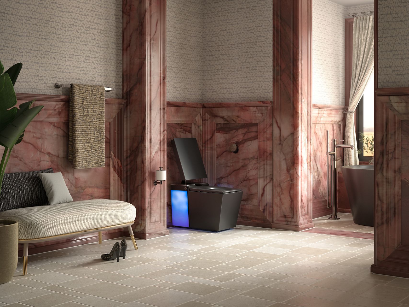 Modern black smart toilet with illuminated blue side panel in a decorative bathroom.