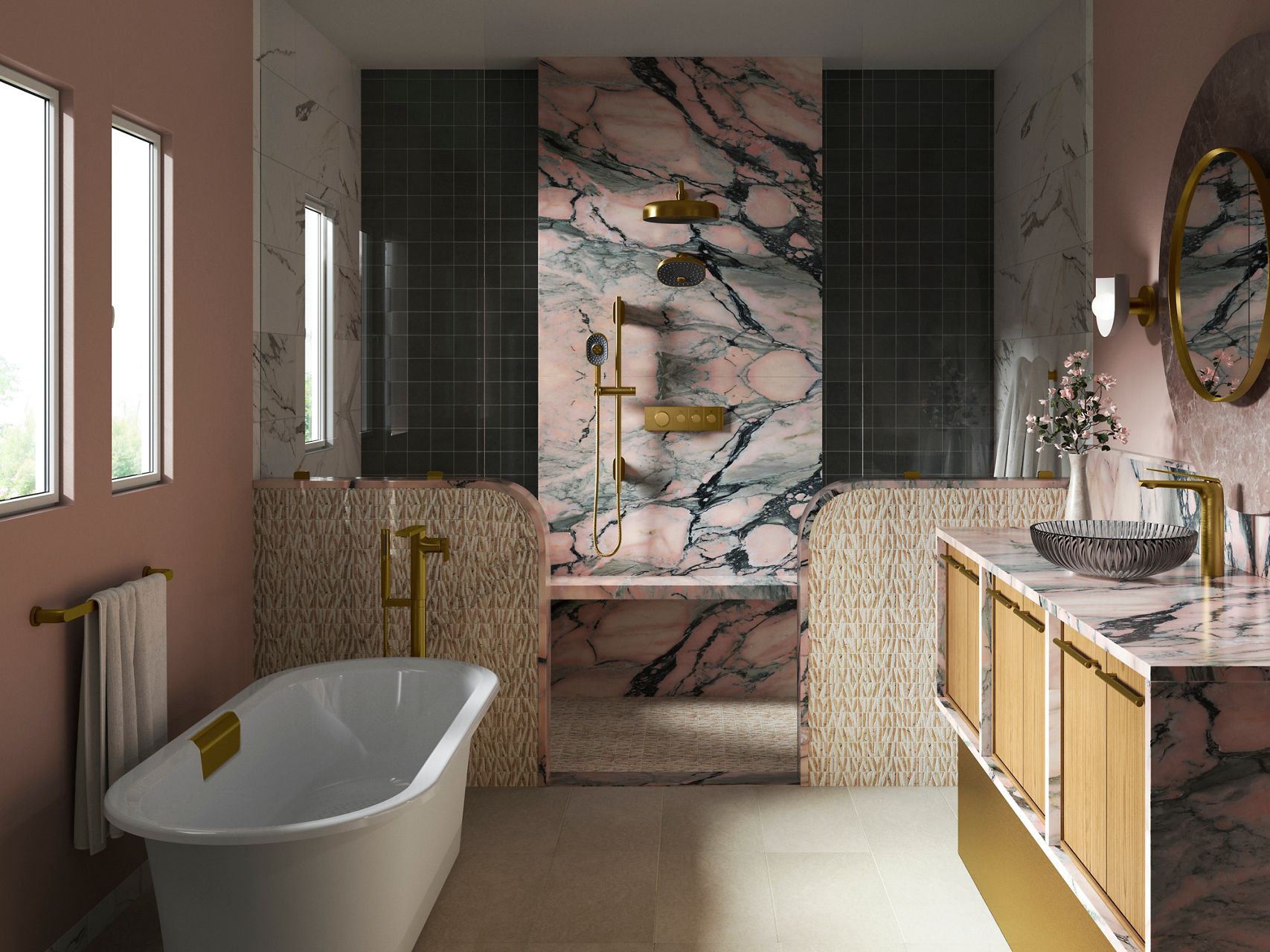 Luxurious bathroom with freestanding white soaking tub, marble walls, brushed gold shower fixtures, and black tiled accent wall.