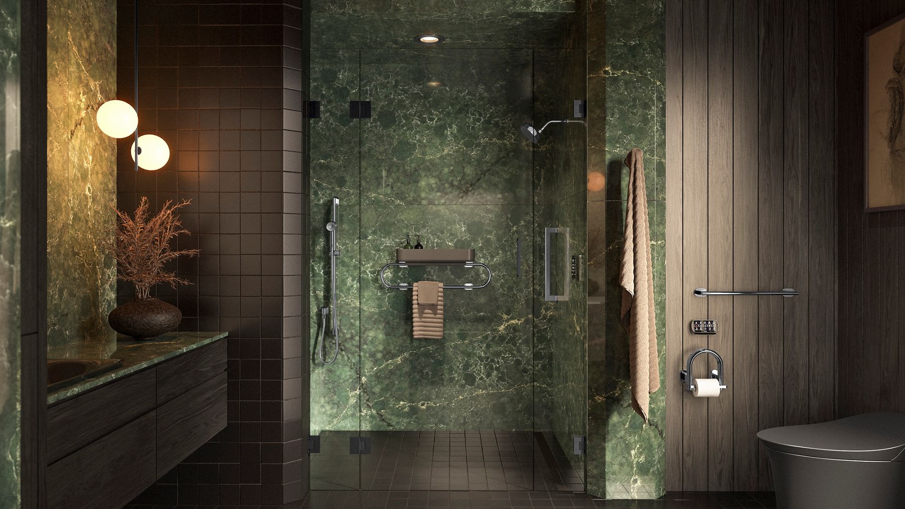 Luxurious dark marble bathroom with a walk-in shower and warm ambient lighting 