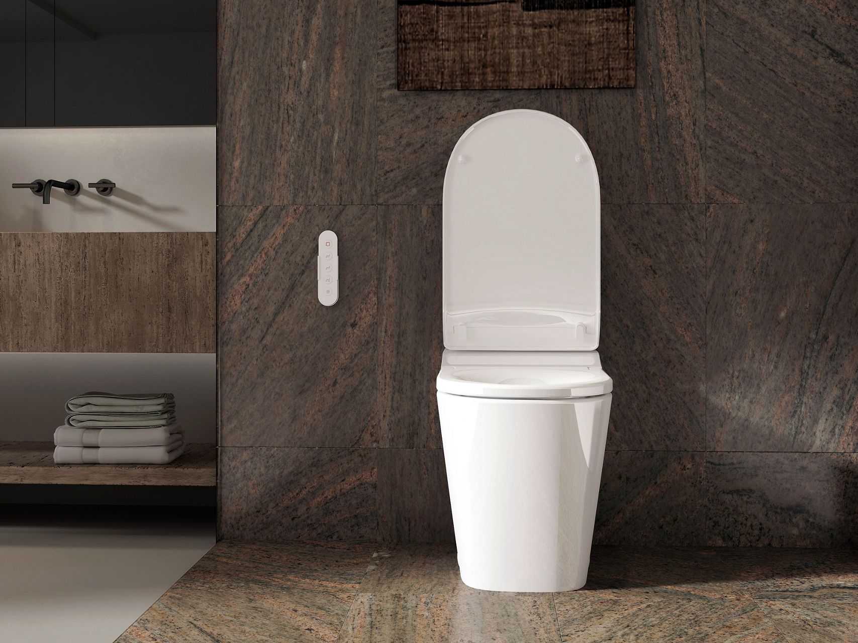 Sleek white toilet with wall-mounted remote control in a minimalist bathroom.
