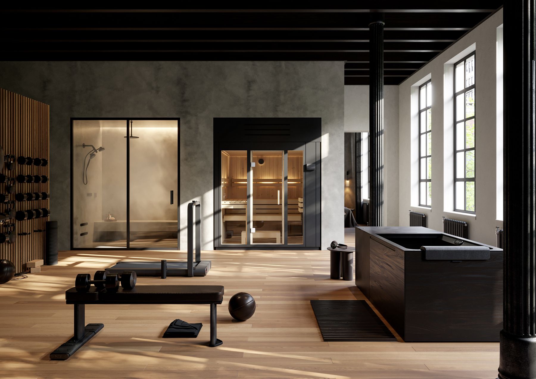 KOHLER Steam Shower, Sauna, and Ice Bath in a home gym wellness space.