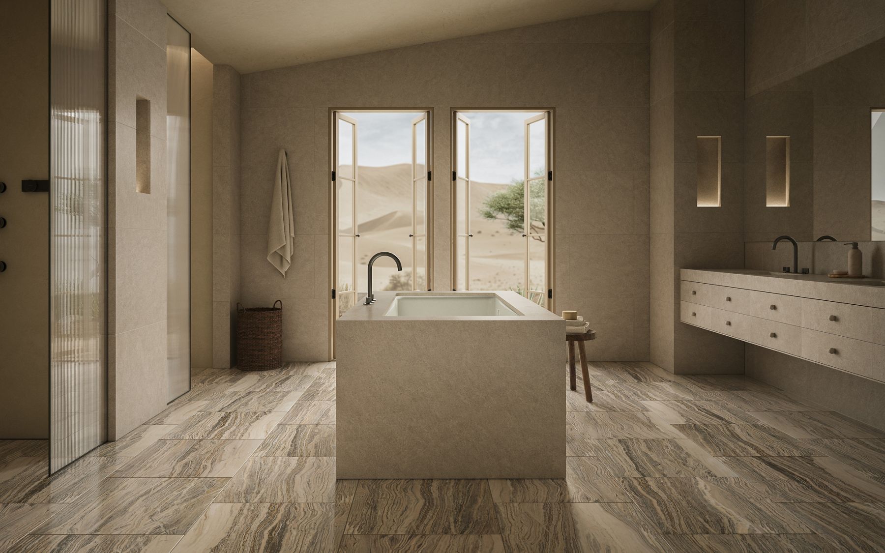 Modern beige bathroom with a freestanding rectangular bathtub, brushed graphite fixtures, and wide windows overlooking a desert landscape.