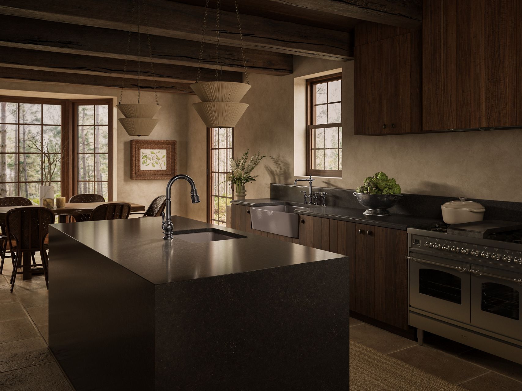 Warm-toned kitchen with dark wood cabinetry, farmhouse sink, black countertops, and Titanium faucet fixtures, evoking a cozy forest setting.