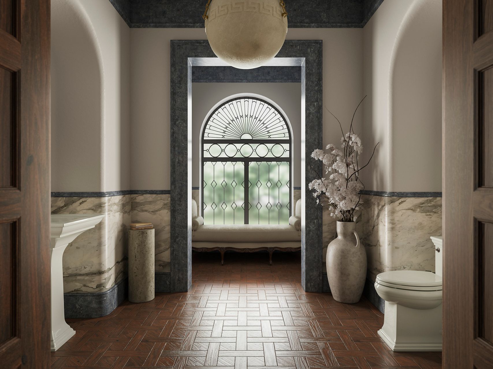 Mediterranean-inspired bathroom hallway with arched doorways, textured plaster walls, stone accents, terracotta tile flooring, and decorative ceramic vases.