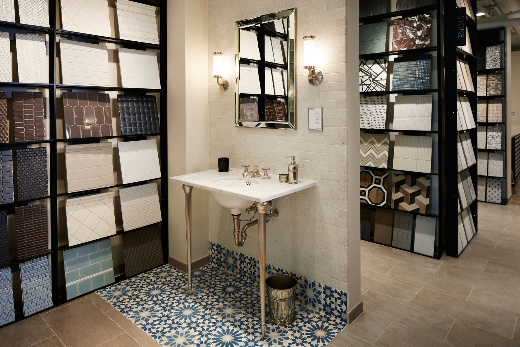 Ann Sacks Washington, D.C. showroom interior vignettes with bathroom vanity and blue floor tile