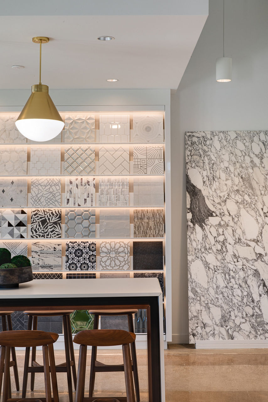 Ann Sacks Dallas slab gallery wall display with tile offerings