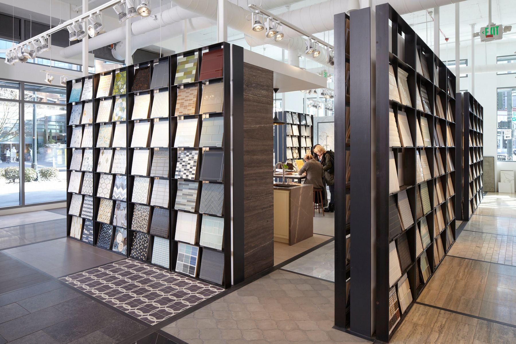 Ann Sacks Seattle showroom interior view of display shelves with tile offerings