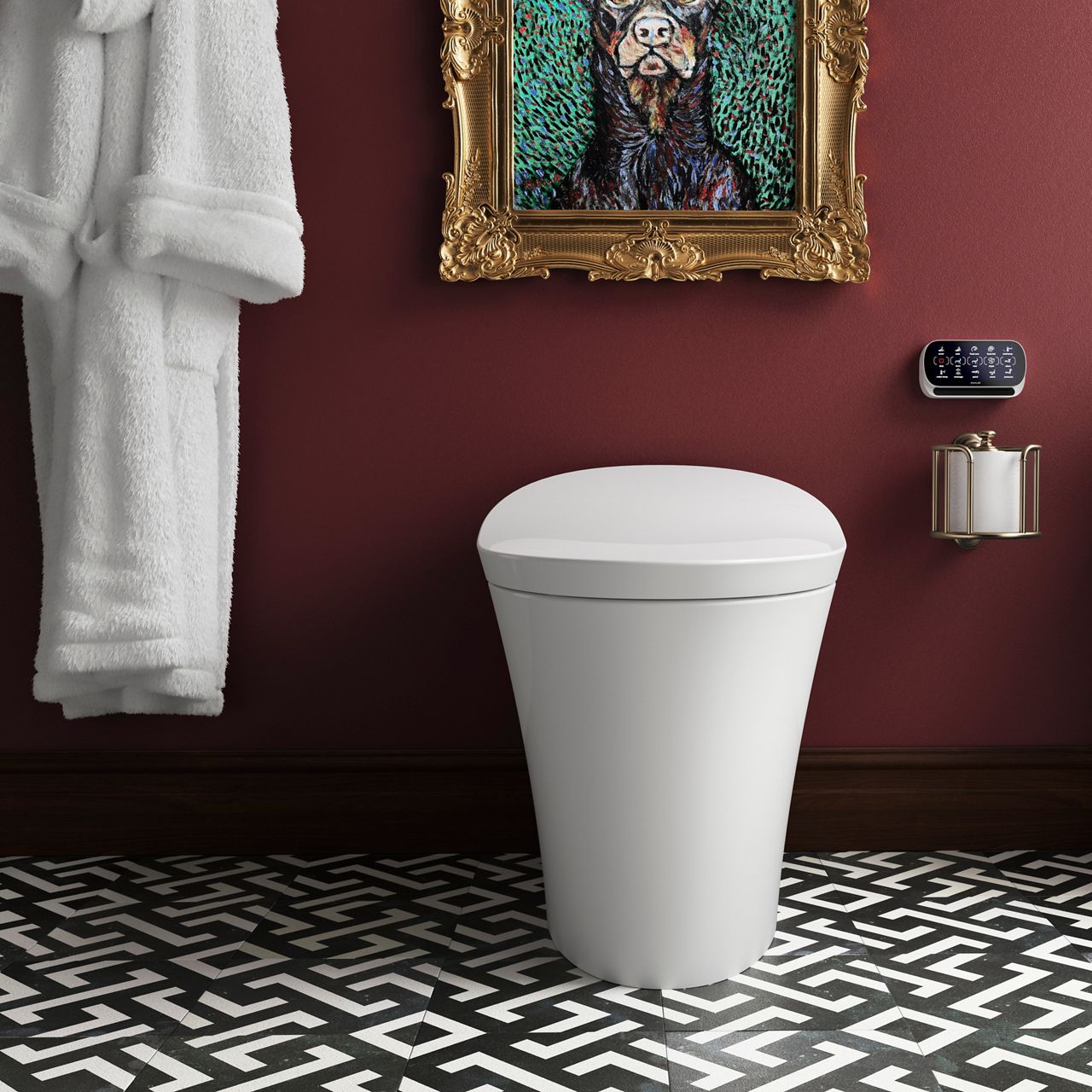 A tankless smart toilet in a bathroom with geometric black and white floor tile and burgundy walls.