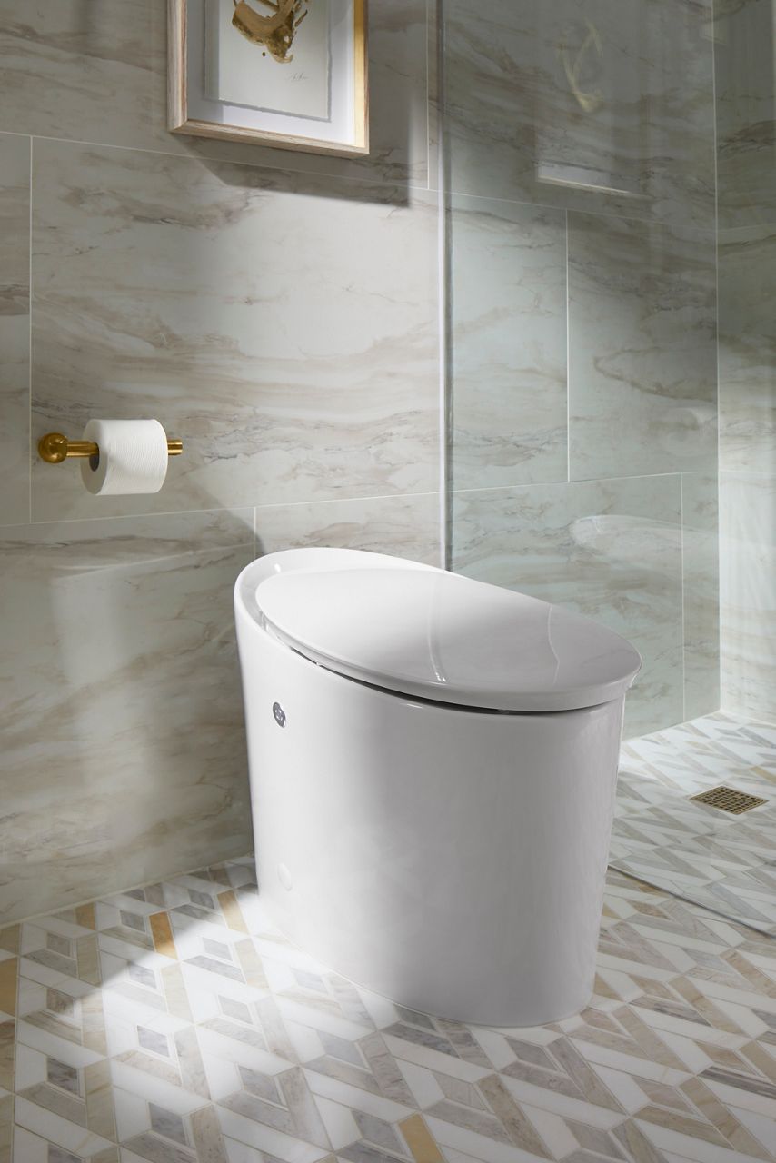 Close-up image of Nikki's guest bathroom toileting space, where white tankless Avoir toilet is featured with its sleek oval shape. Framed art is hung above it and a brass toilet paper holder is mounted on the wall next to the toilet.