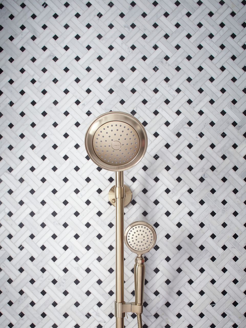 Detail of shower, patterned mosaic tile in black and white, KOHLER brushed bronze showerhead, handshower, and shower rail.