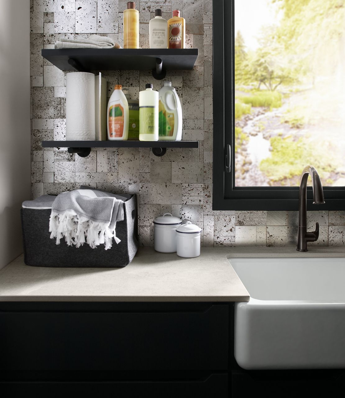 Shelves and countertop with cleaning products and storage canisters