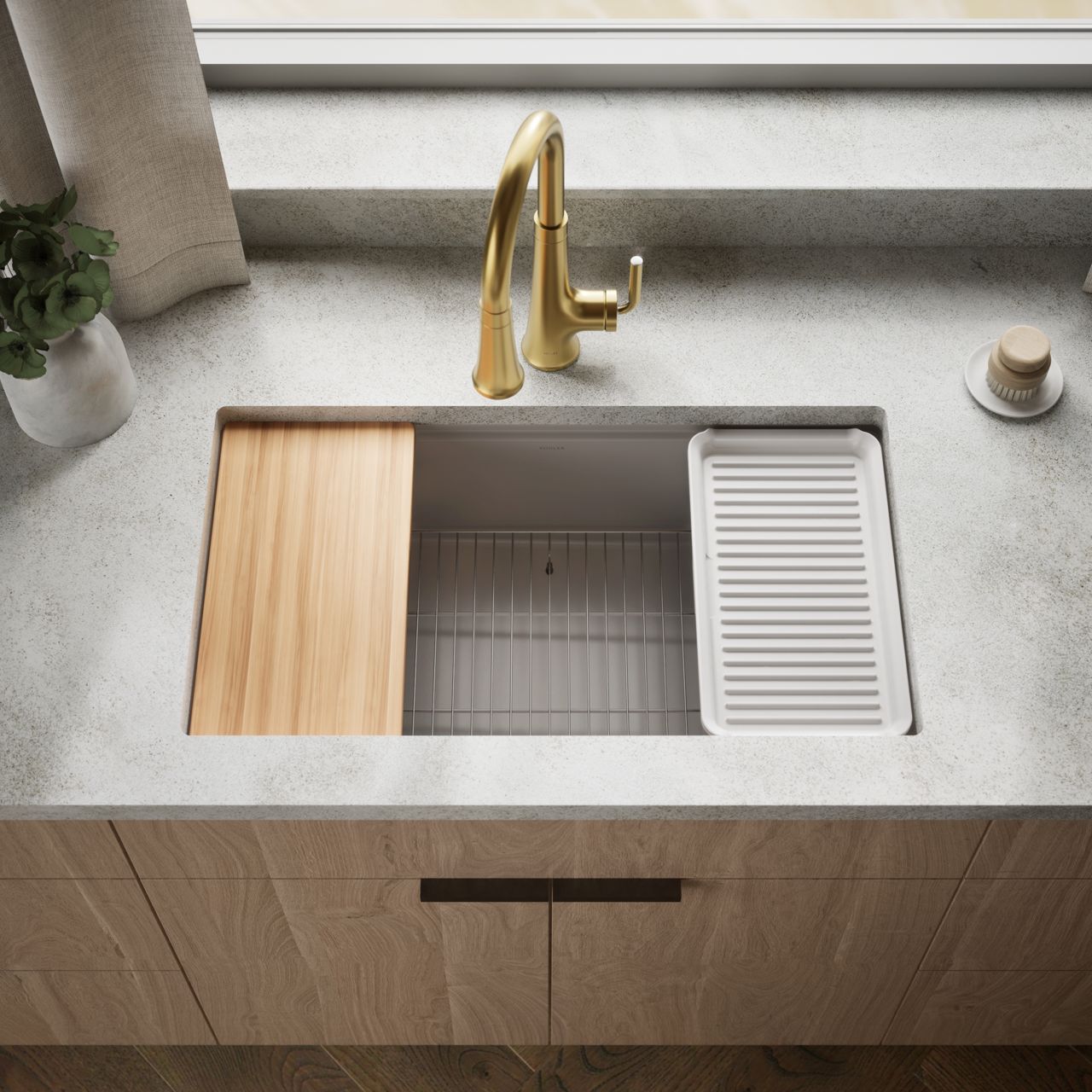 Billings® Kitchen Sink with cutting board and rack accessories.