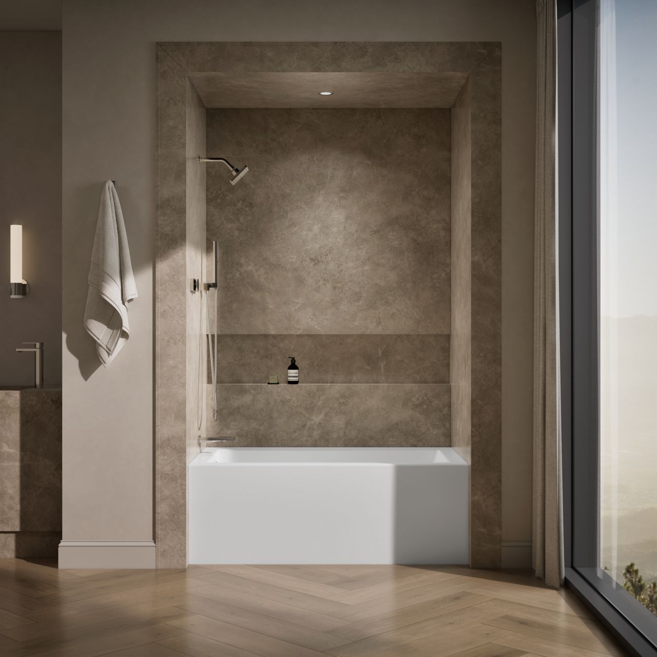 KOHLER alcove bathtub with a tub and shower combination in a neutral-toned bathroom.