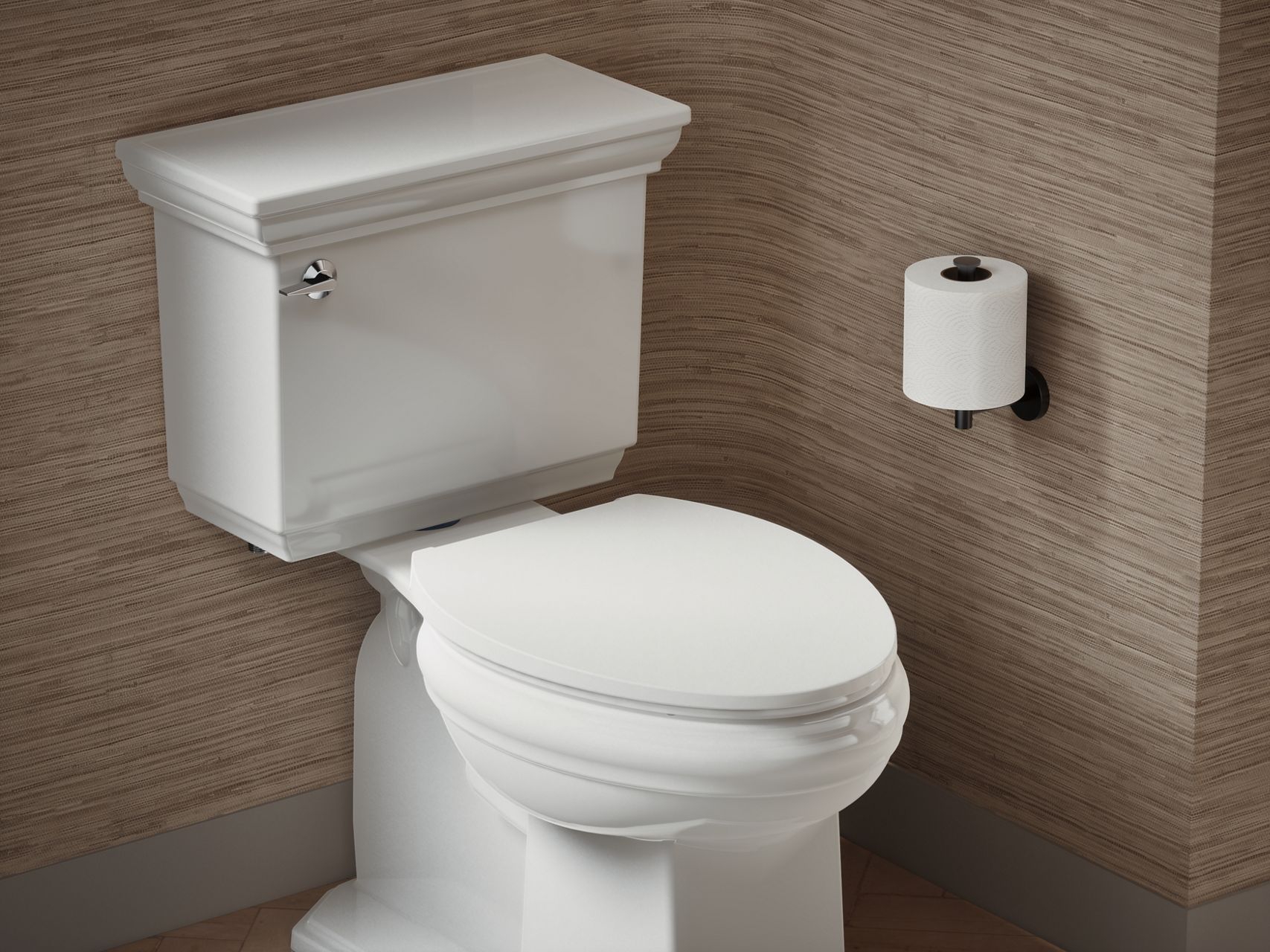 White toilet with a bidet seat installed, shown in a modern bathroom corner