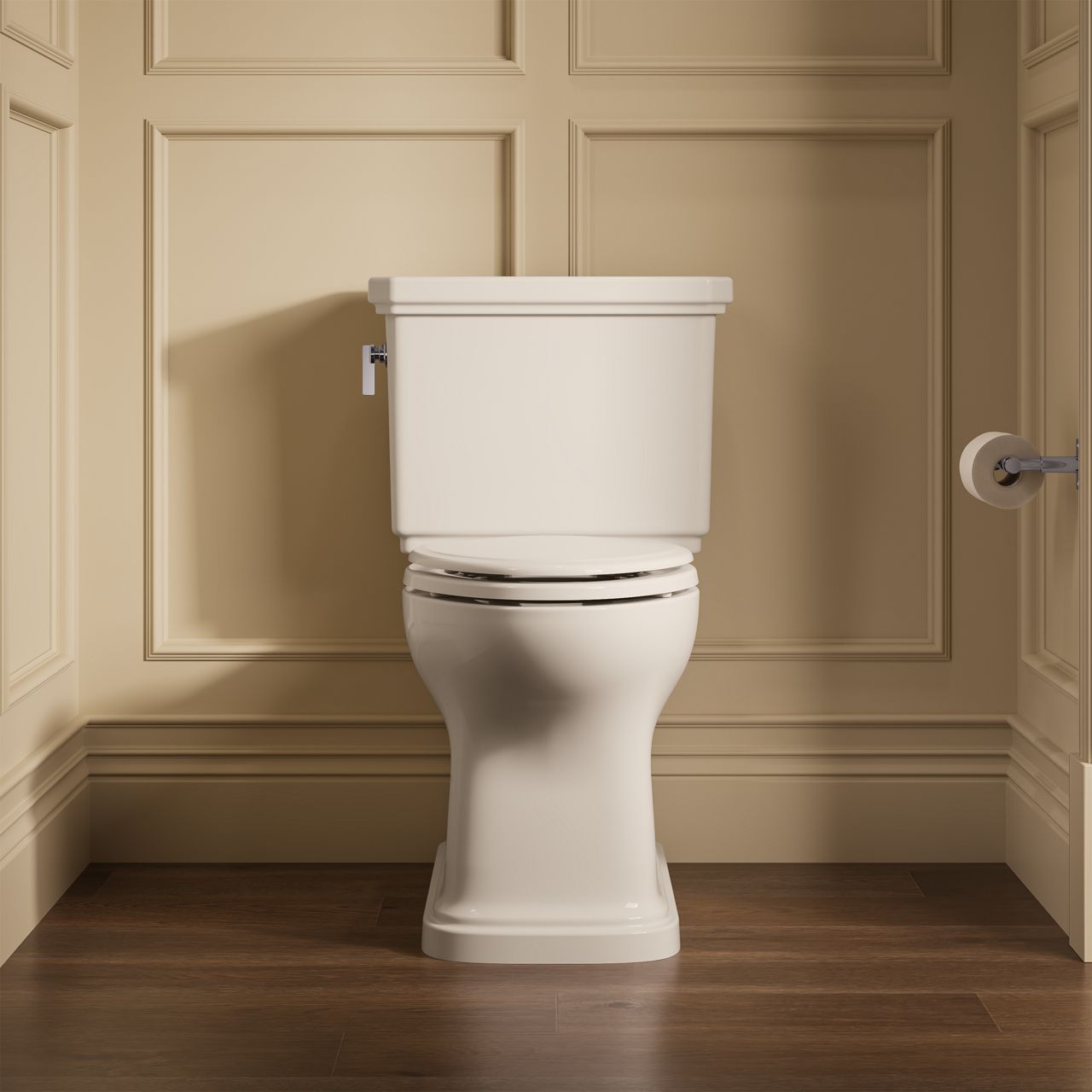 Bathroom featuring a one-piece white toilet with a polished chrome flush lever against a paneled wall.