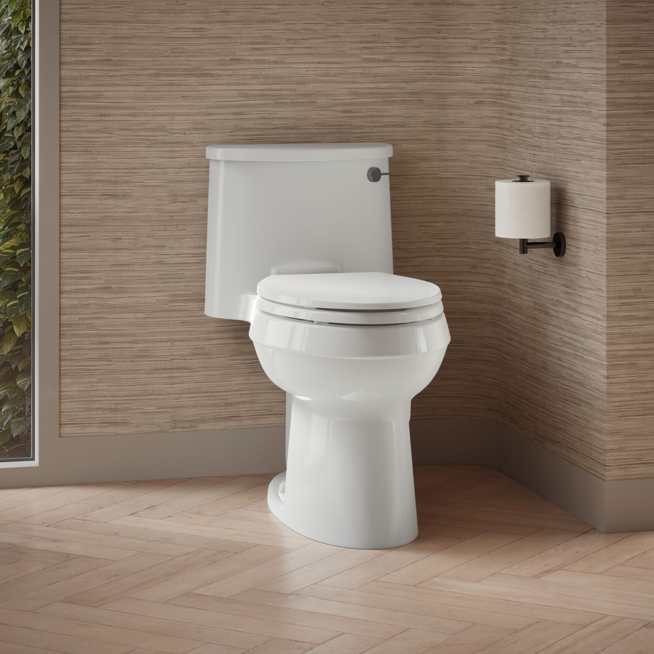 WaterSense labeled white toilet with classic tank design against wooden wall.