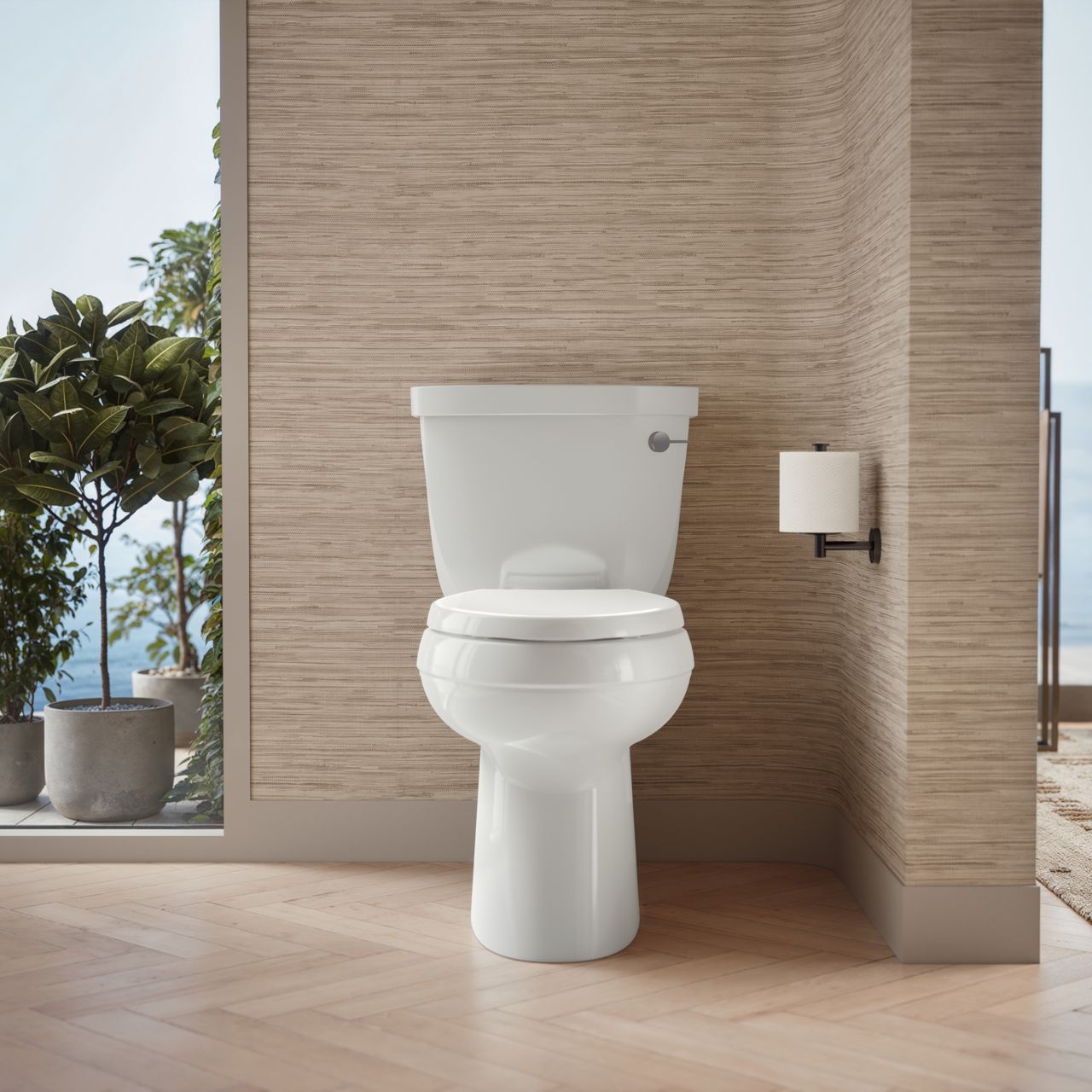 Contemporary style white toilet with rounded design in modern bathroom setting.