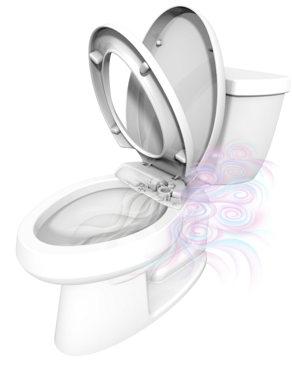 A white toilet equipped with a Purefresh deodorizing toilet seat.
