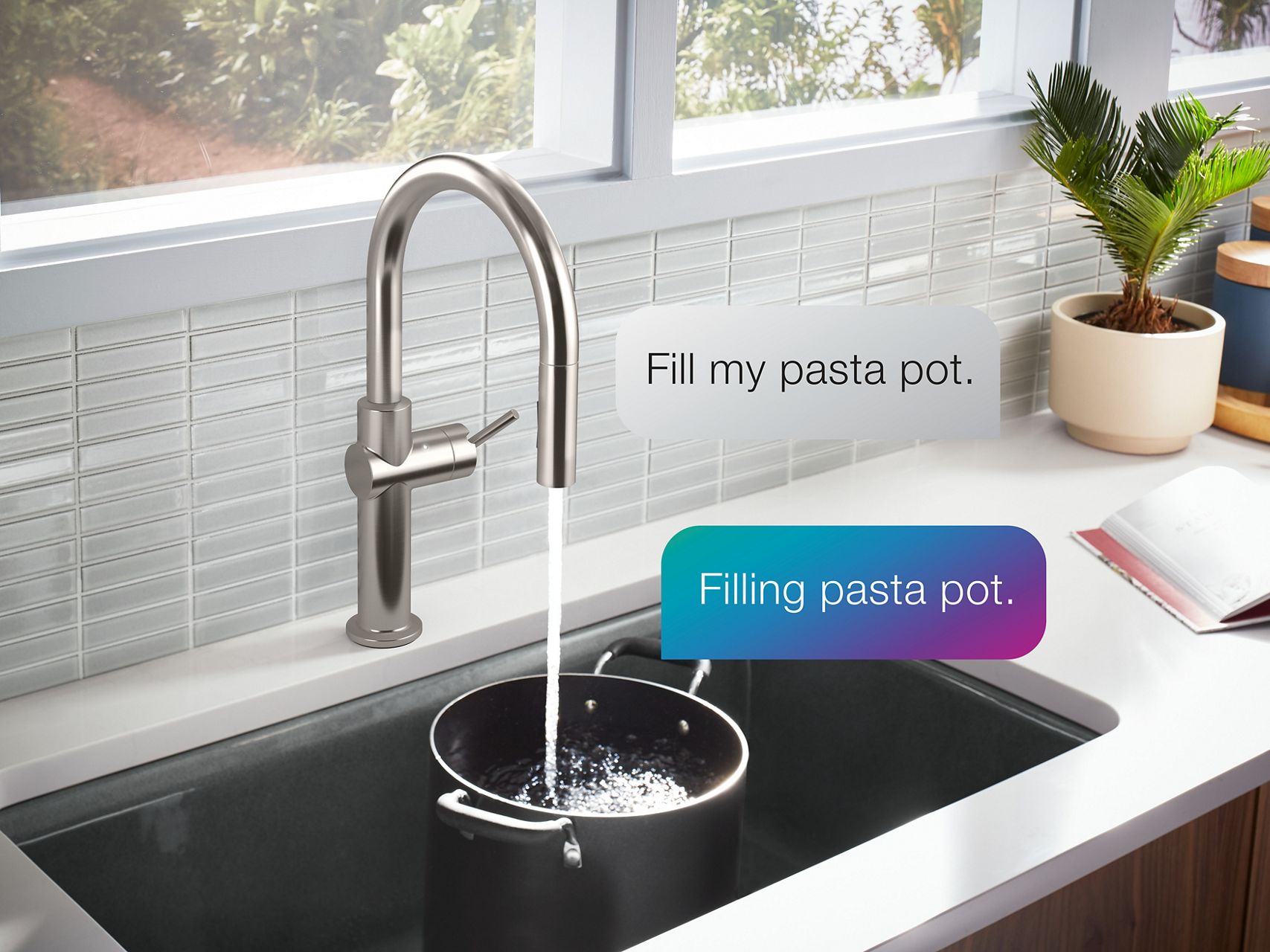 A faucet filling a pot of water with speech bubbles in the image indicating that it was turned on using voice commands.