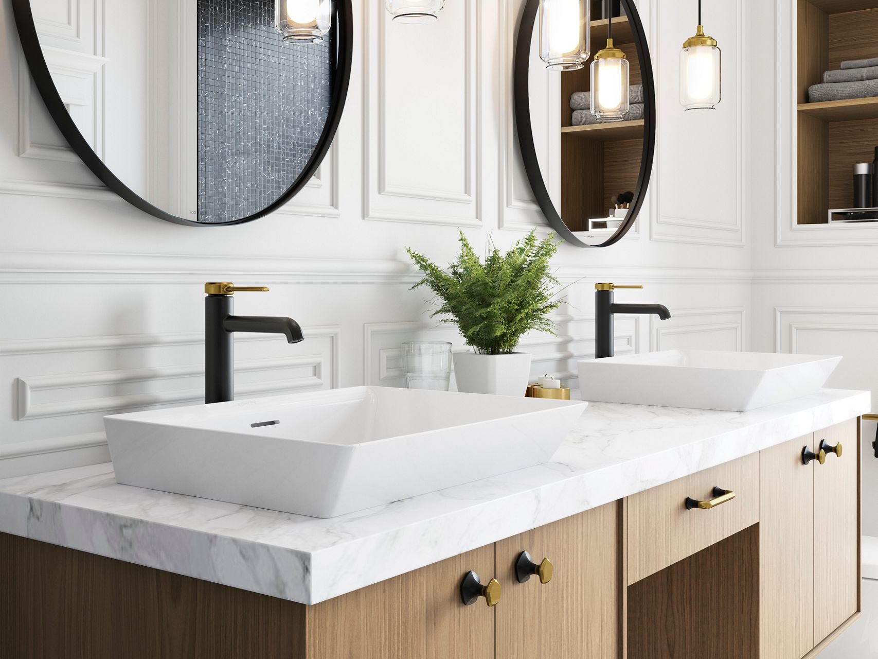 A rectangular white vessel sink with overhanging angles, with a two-tone single control faucet on a stone counter top and wood grain vanity.