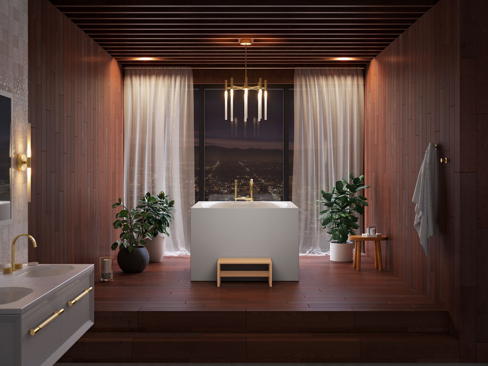 A square Stillness Soak bathtub on a red tile floor with a wood stepstool leading at the base of the bathtub in a room looking out over a nighttime city scape with the outline of mountains in the distance.