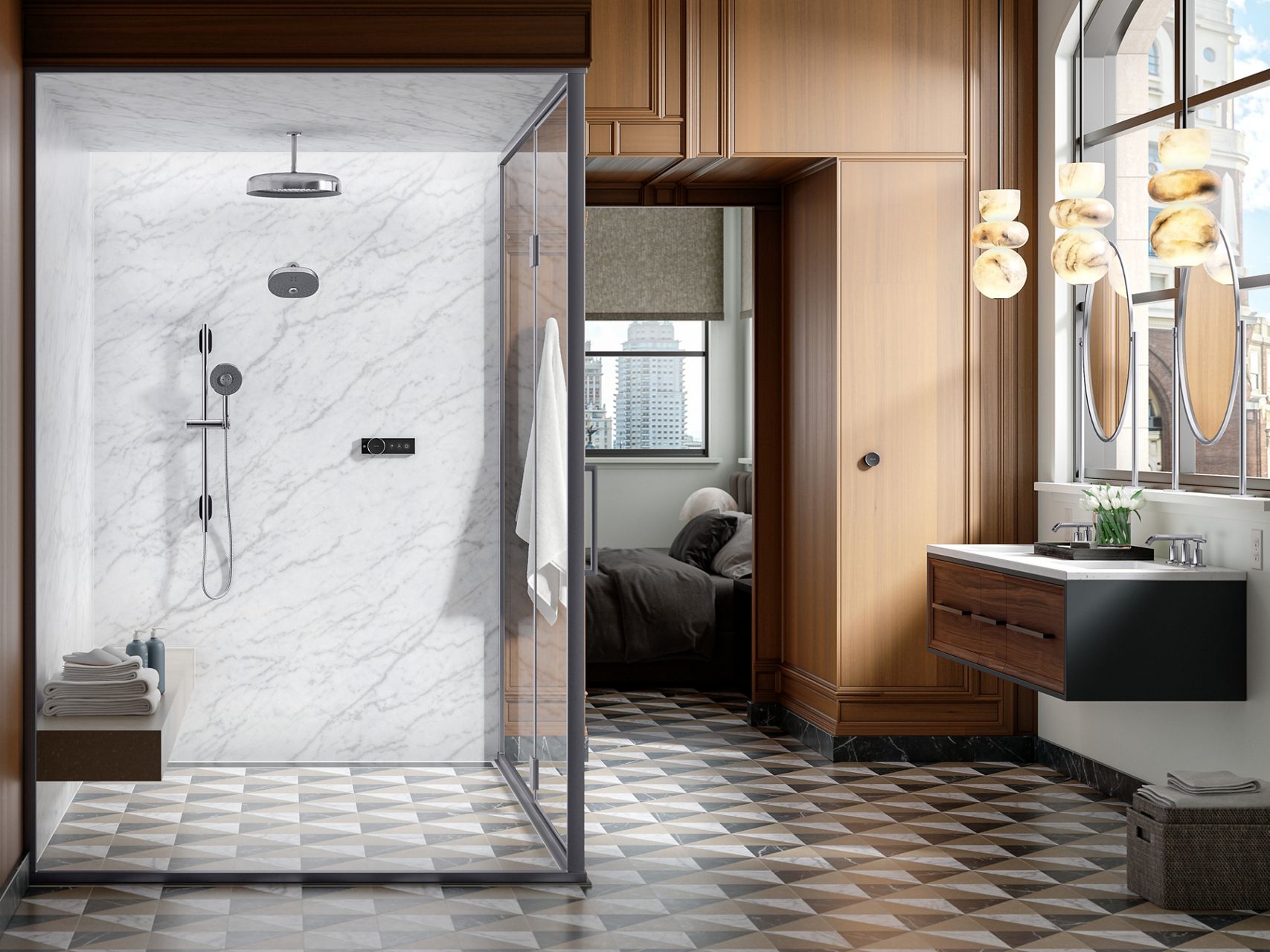 A spacious bathroom with wall mounted vanity, black and white tile floors, and a glass paneled shower featuring rain shower, handshower, shower head, and a built in bench.
