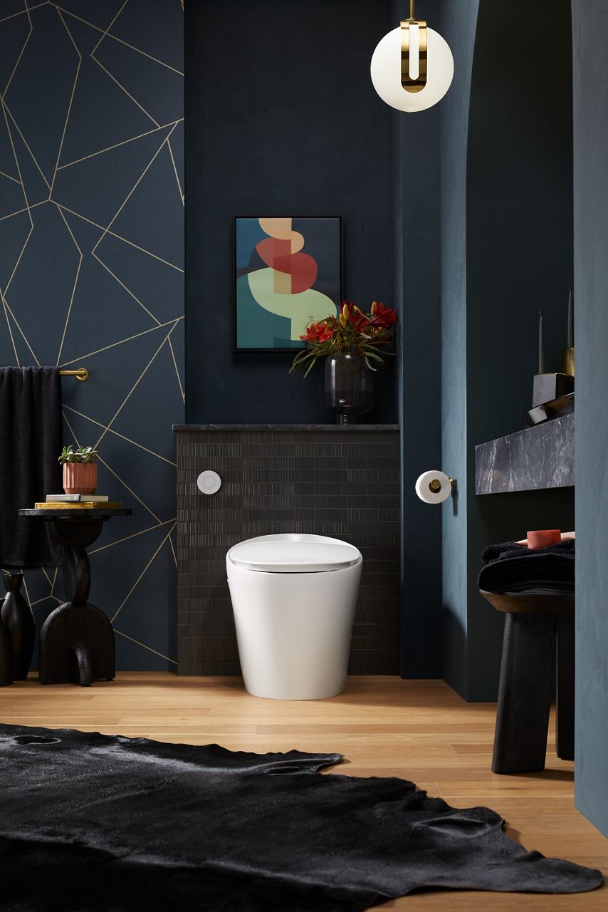 A contemporary-styled tankless toilet with minimalist detailing.